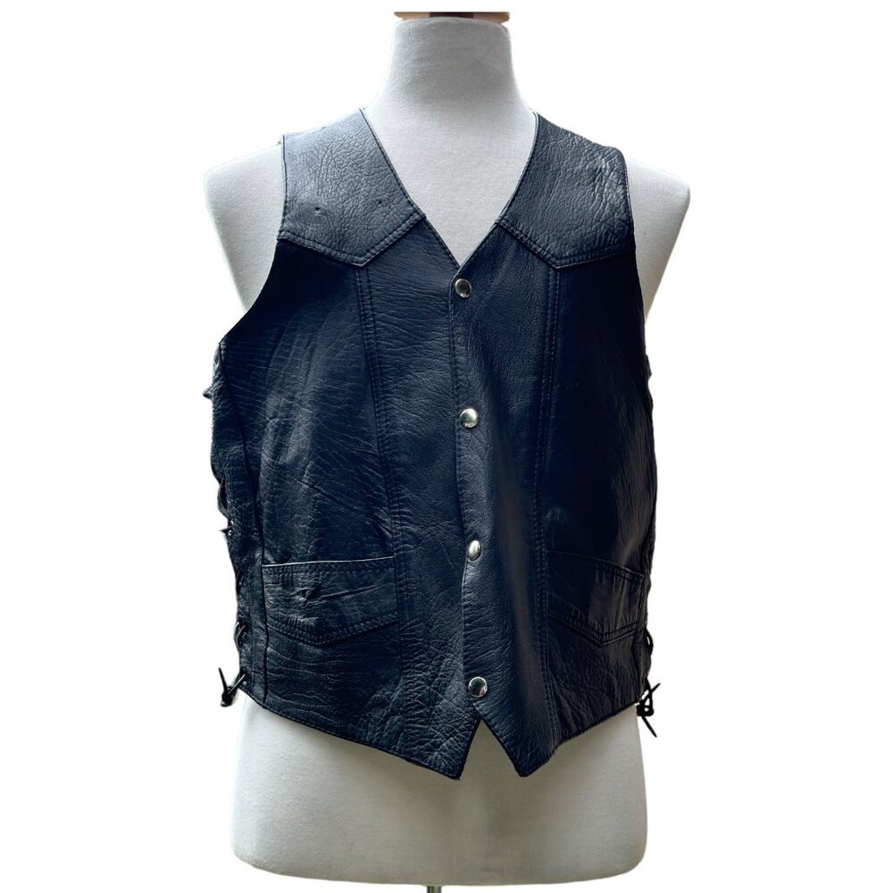 Unik International Men's Black leather Side Lace Motorcycle Vest Size 46 Vintage
